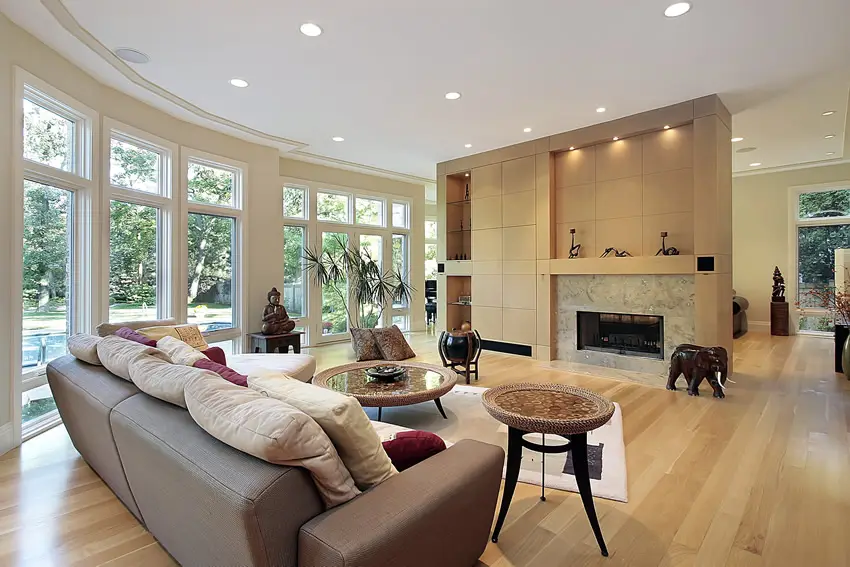Elegant living room design with asian theme and large windows