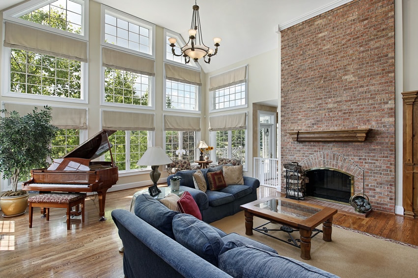 Living room for entertaining with brown grand piano