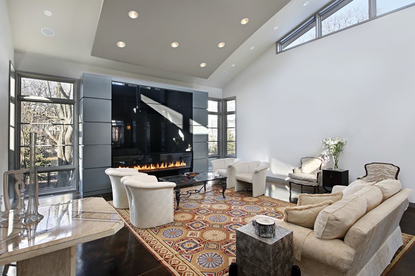 Large glass fireplace and modern style