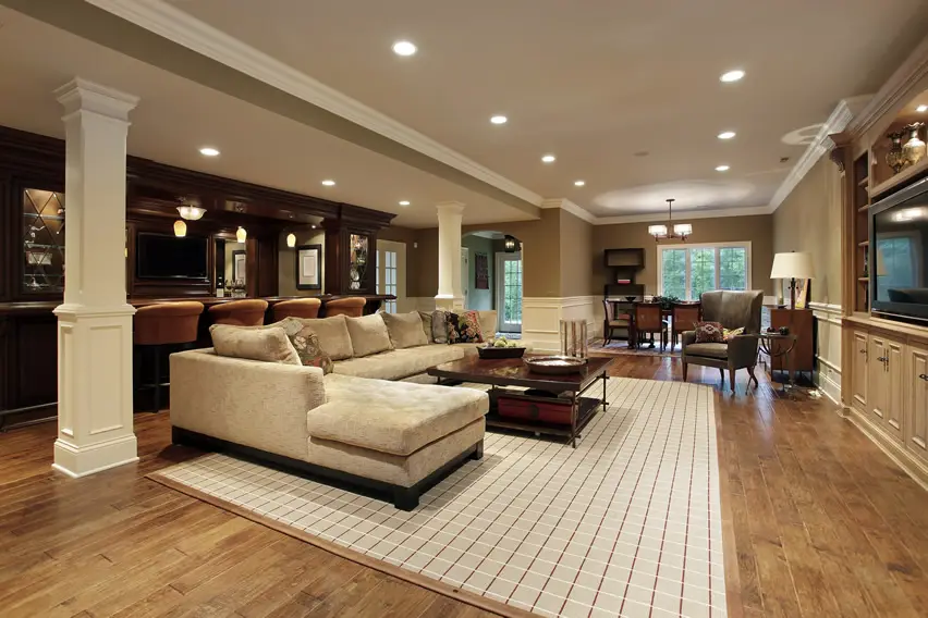 Luxury interior with wood bar and entertainment center