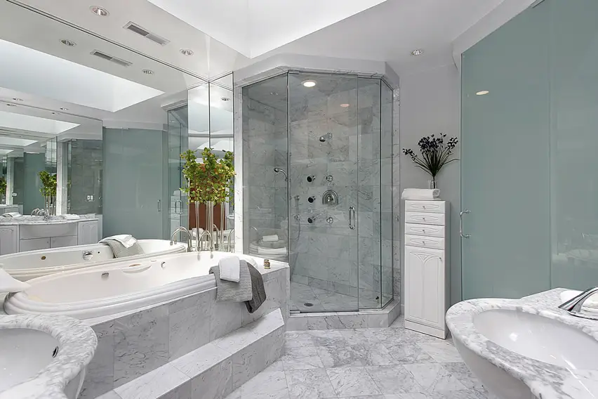 Luxury master bath shower white and grey marble design