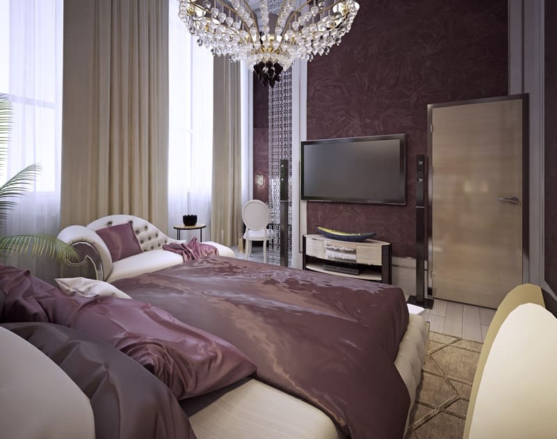Luxury purple bedroom with glass chandelier
