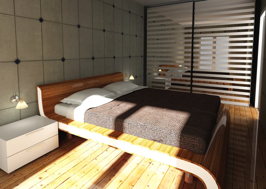 Room with horizontally oriented wooden planks with bed with bamboo laminates