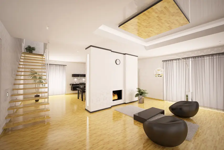 Modern lwhite fireplace and black furniture