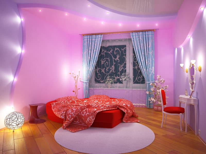 Purple pink bedroom heart shaped red bed