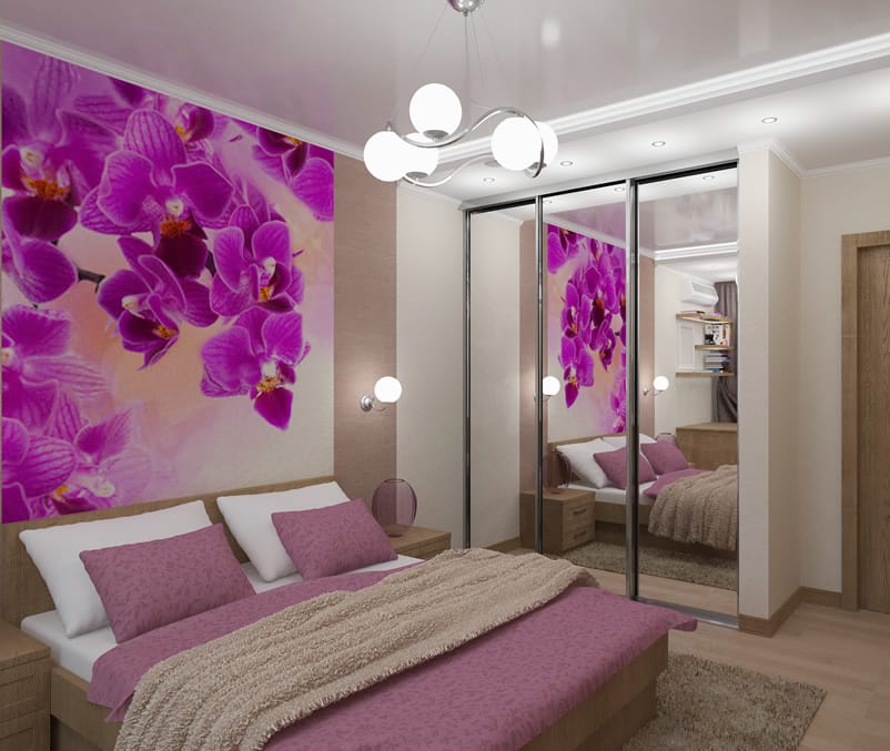 Purple themed bedroom wall sized floral print