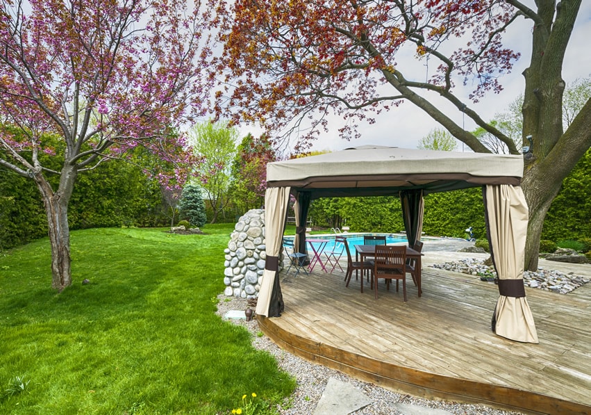 Backyard deck with pool by the lawn with canopy and-trees