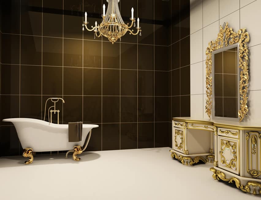 Gold themed luxury bathroom with polished porcelain tiles in plain white and dark olive