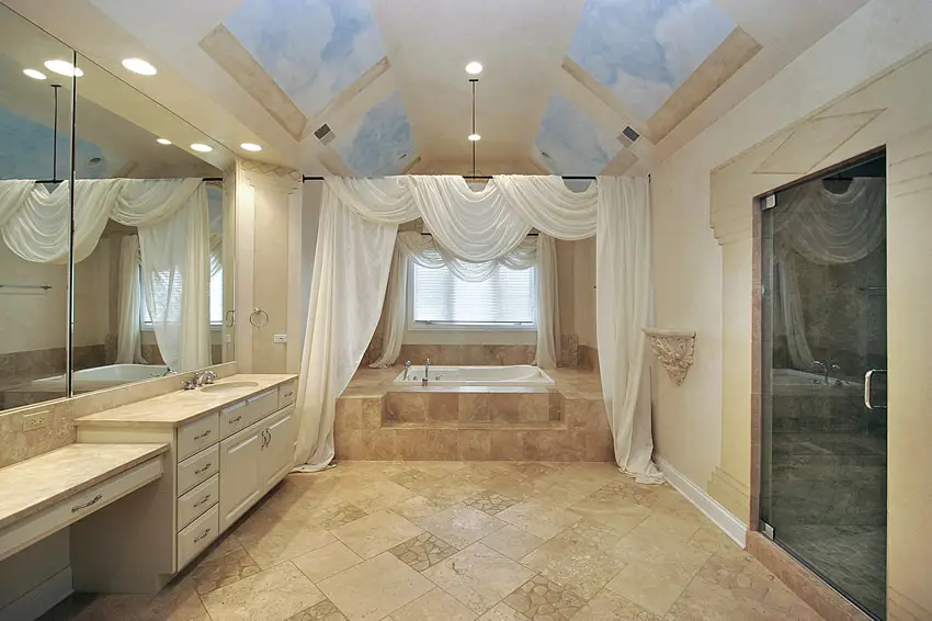 Bathroom with mixed material tile flooring with Trompe l'oeil column