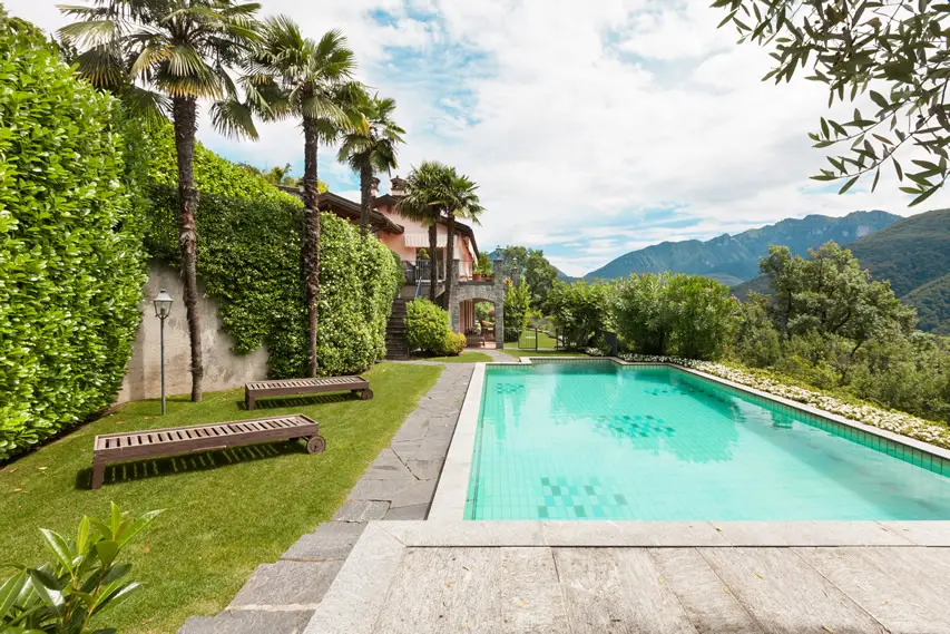 Pool with slated benches