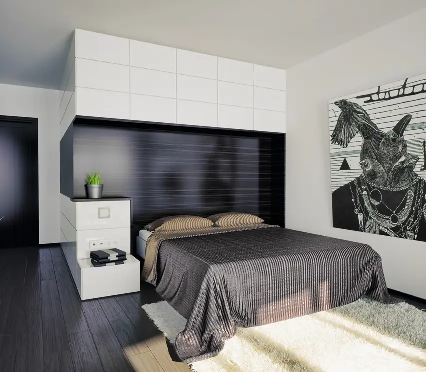 Bedroom with white modular panels and walls with laminate panels
