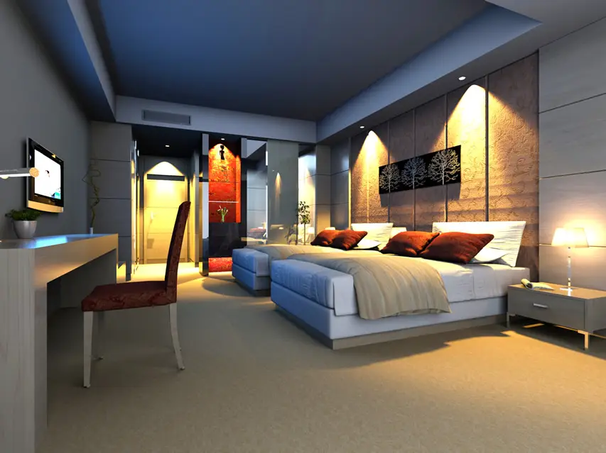 Room with twin beds, dark brown pillows and vertical panel walls