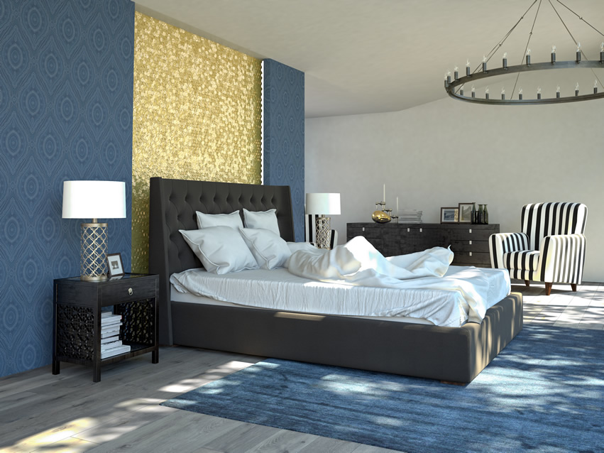 Blue and gold wall, black colored bed with nightstand and lamp