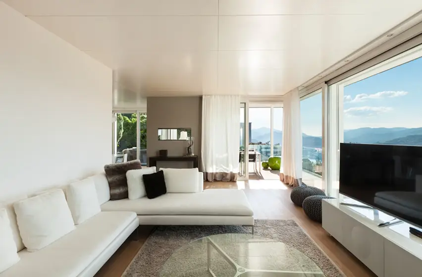 Bright living room with mountain views