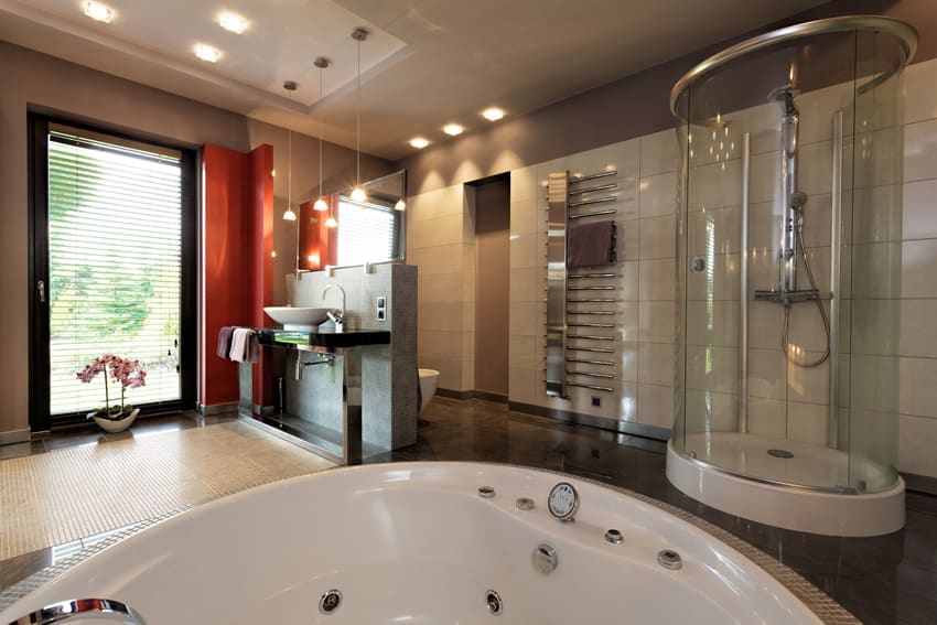Contemporary bathroom design uses modern color combinations, layout and materials
