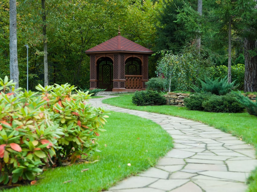 Decorative gazebo at end of stone path