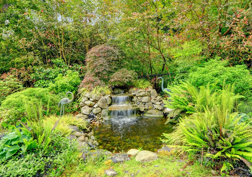 Exotic garden with three tier waterfall and circularly placed rocks