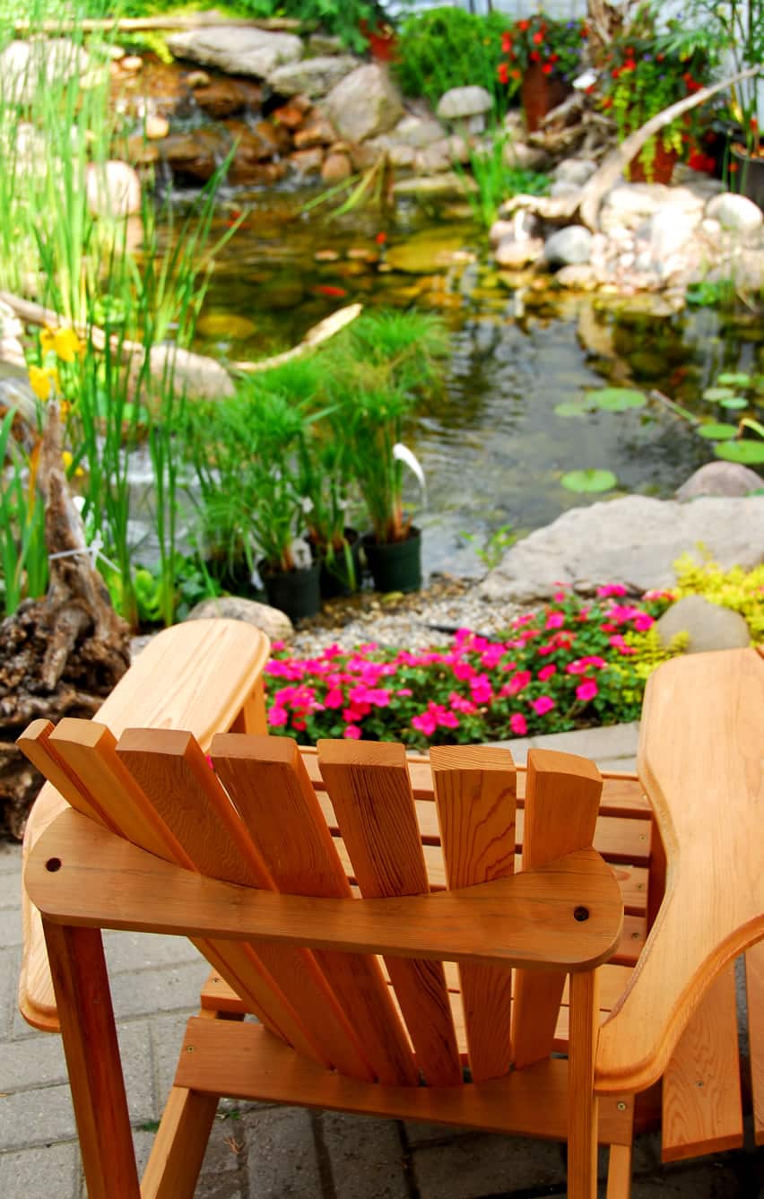 Garden water feature with relaxing sitting area