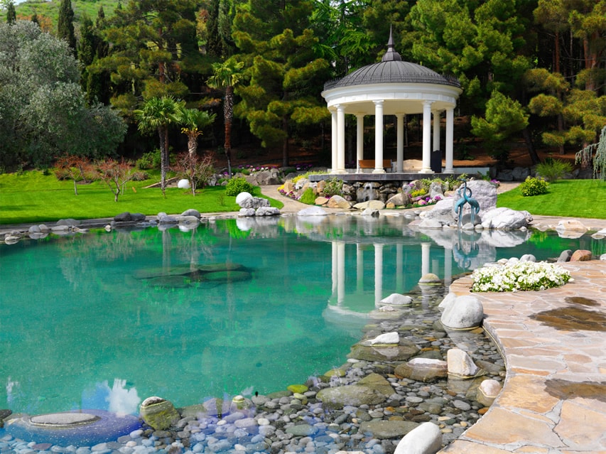 Large pond with white gazebo