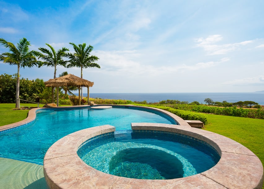 Light blue pool with ocean view and thatched cabana