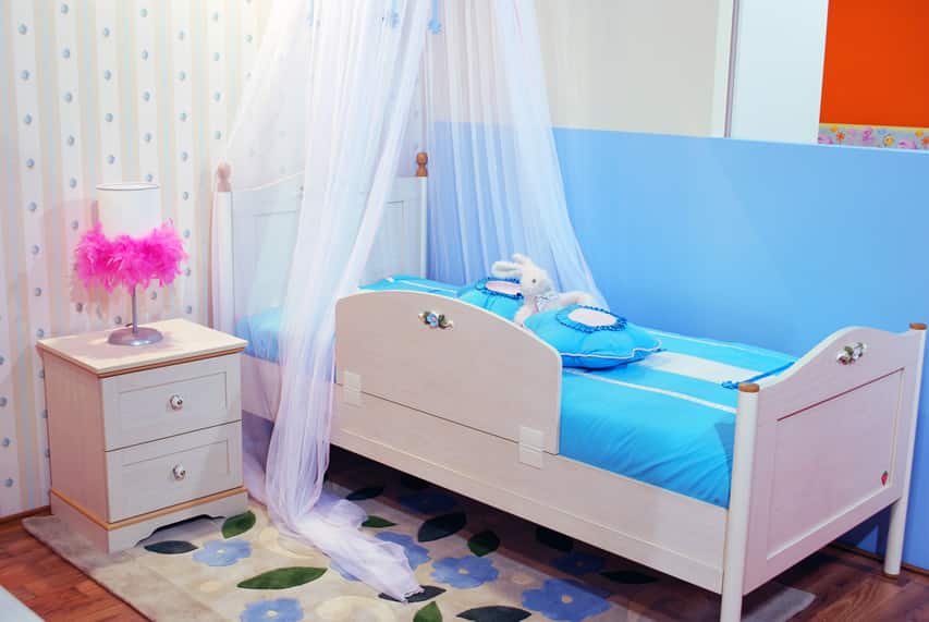 Room with blue bed, white net bed canopy and patterned wallpaper