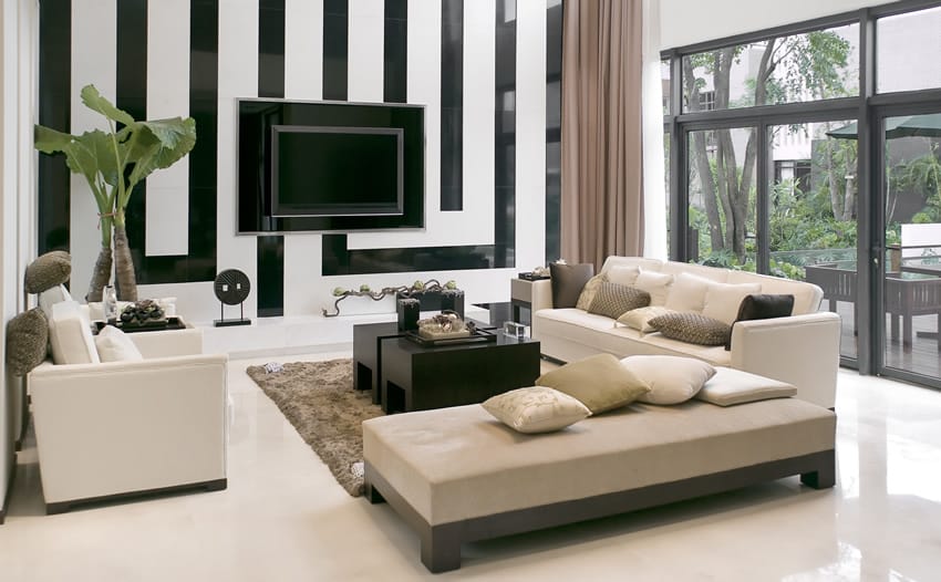 Living room with black and white striped wall and modern furniture
