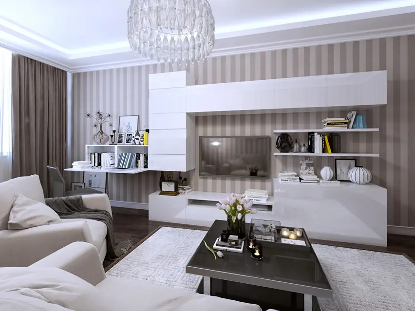 Living room modern design with glass chandelier