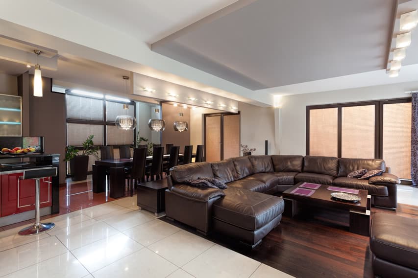 Living room with large leather sofa