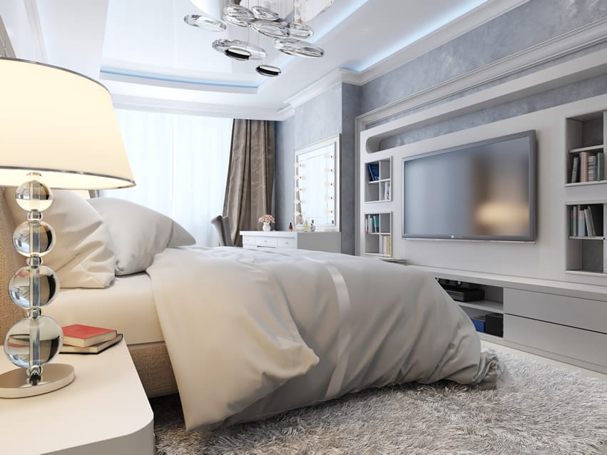 Luxury bedroom shag carpet glass lighting
