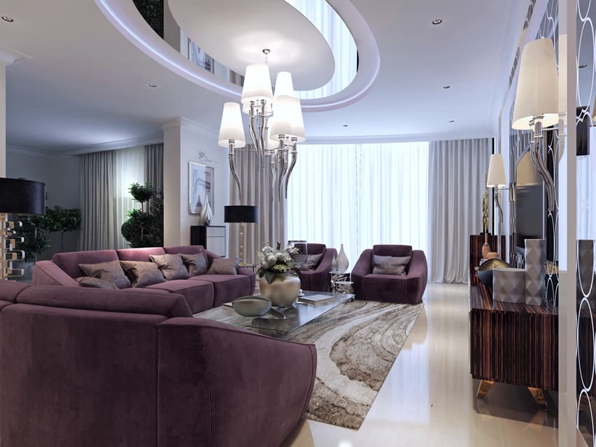 Luxury living room with purple furniture and modern decor