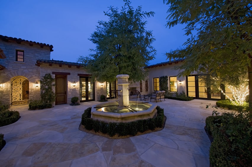 Beautiful open patio with decorative fountain