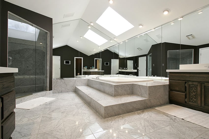 Modern bathroom design features a large space and a high ceiling with skylight