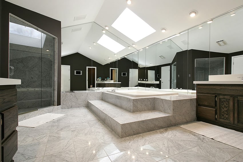 Bathroom with high ceiling and skylight skylight