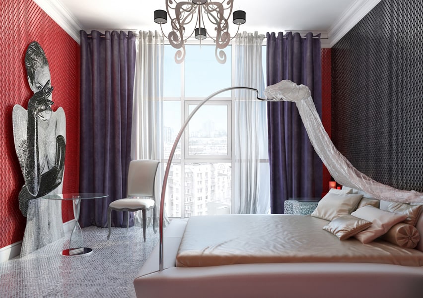 Modern art deco bedroom with wall art and Baldachin canopy bed