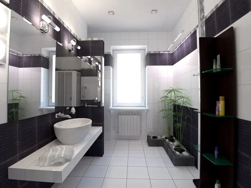 Bathroom with white floating vanity, mirror and potted plants 