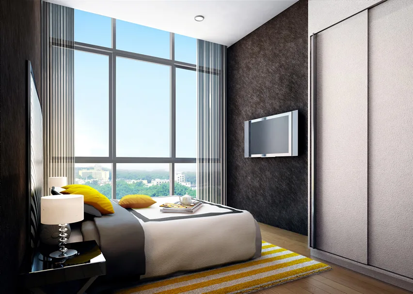 Room with yellow carpet, metallic wallpaper, bed and sliding door