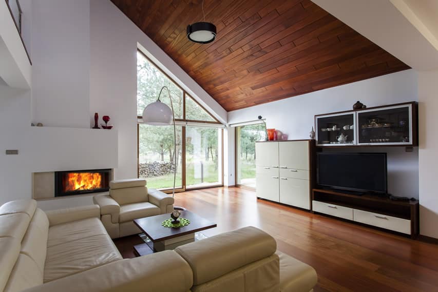 Modern design with fireplace and beautiful wood floors and ceiling planks