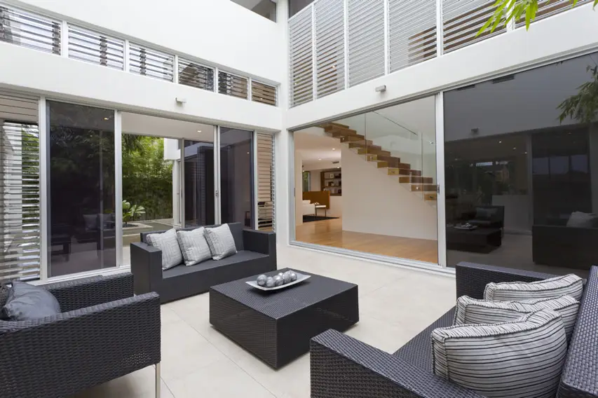 Living space and patio combined with black and grey theme