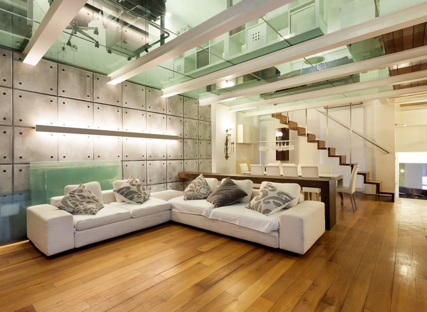 Modern living room with wood floors and glass ceiling