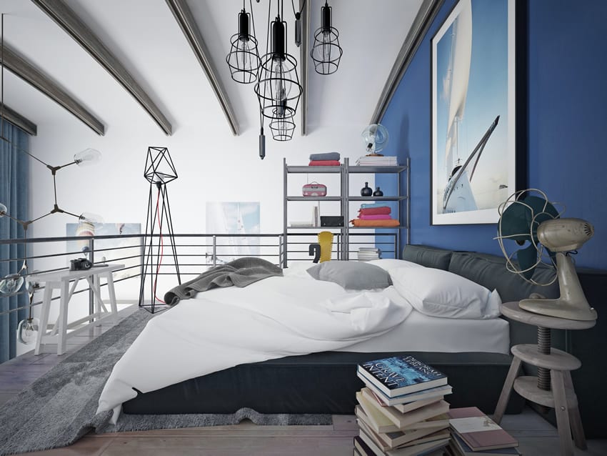 Modern loft bedroom blue theme