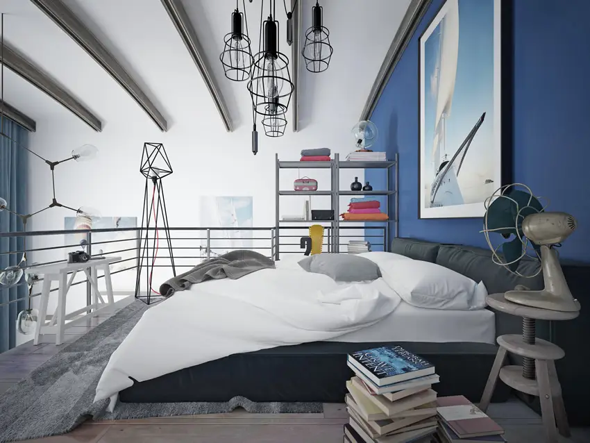 Bedroom with blue theme with industrial style furniture