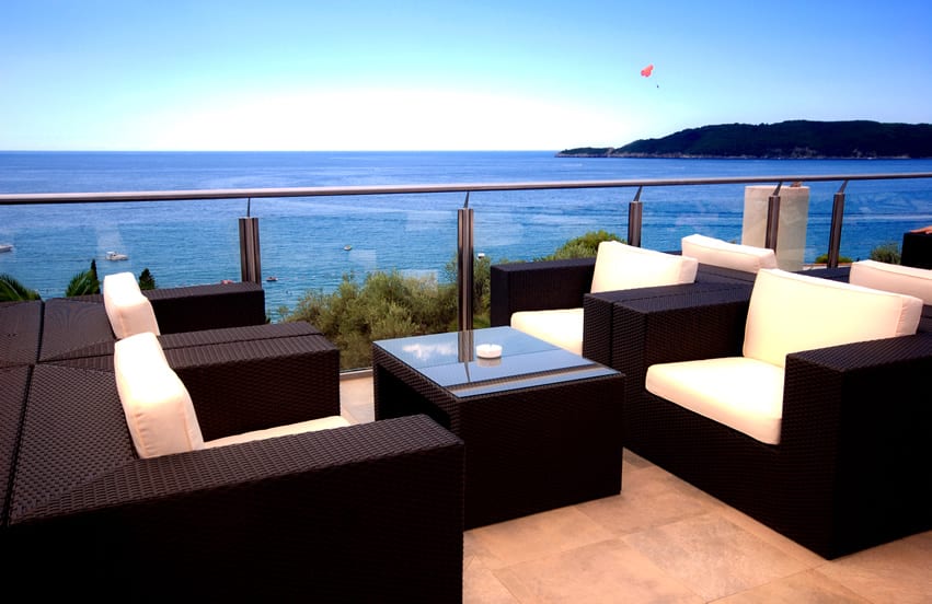 Oceanview patio with modern outdoor furniture