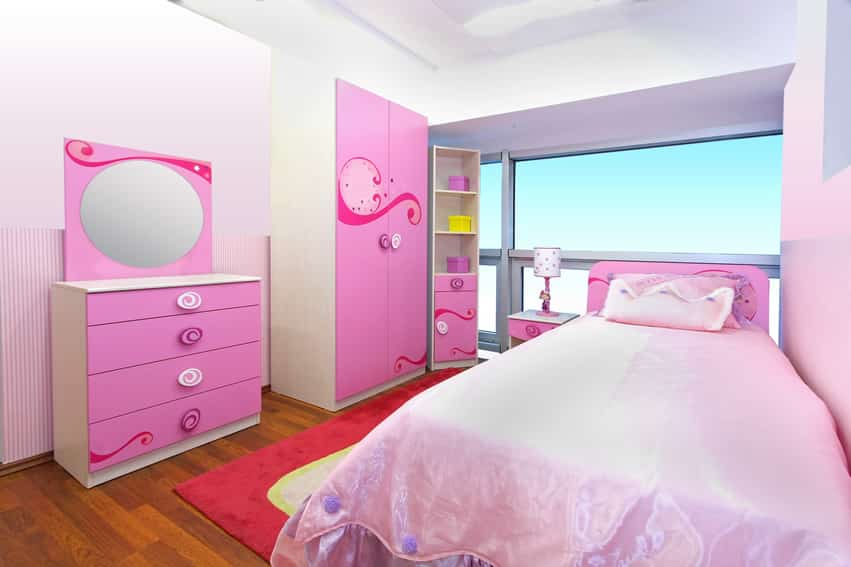 Room with large picture window, vaulted ceiling and pink dresser