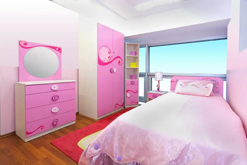 Colorful girl's room with large picture window