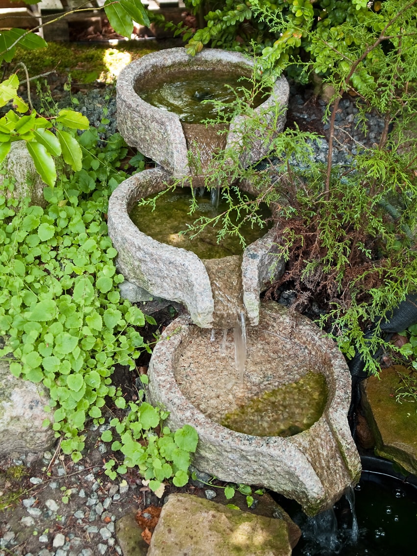 Small decorative three basin waterfall in garden
