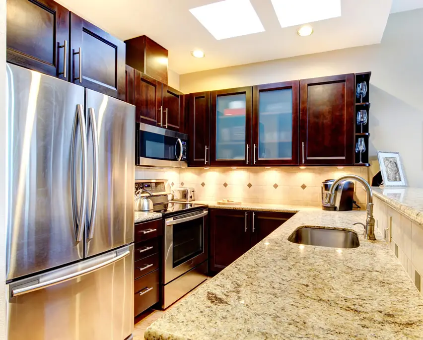 Small galley kitchen design granite stainless appliances