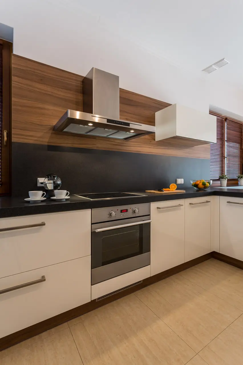 Small kitchen modern home white cabinets black backsplash