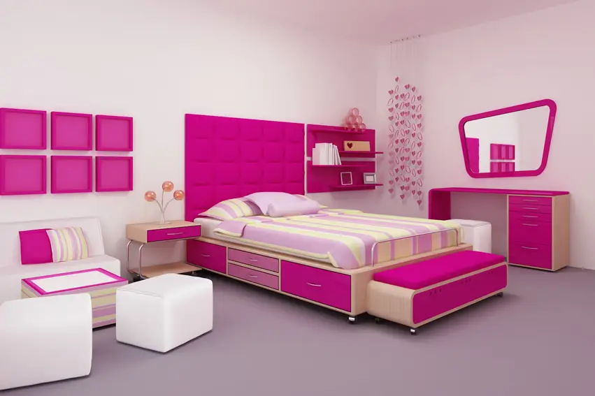 Bright pink girl's room with striped bedspread and pink decor