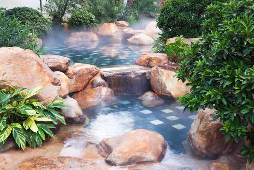 Water feature pond with fog effect