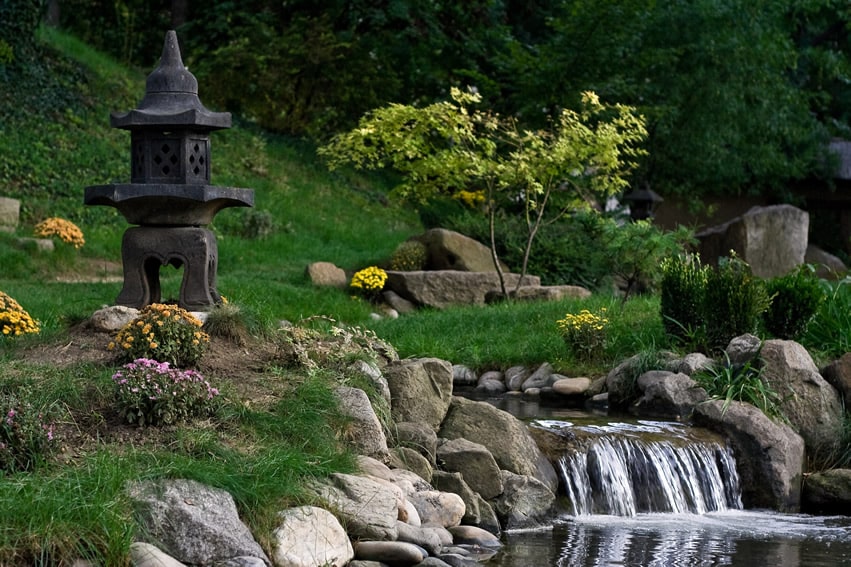Water feature stream in japanese garden